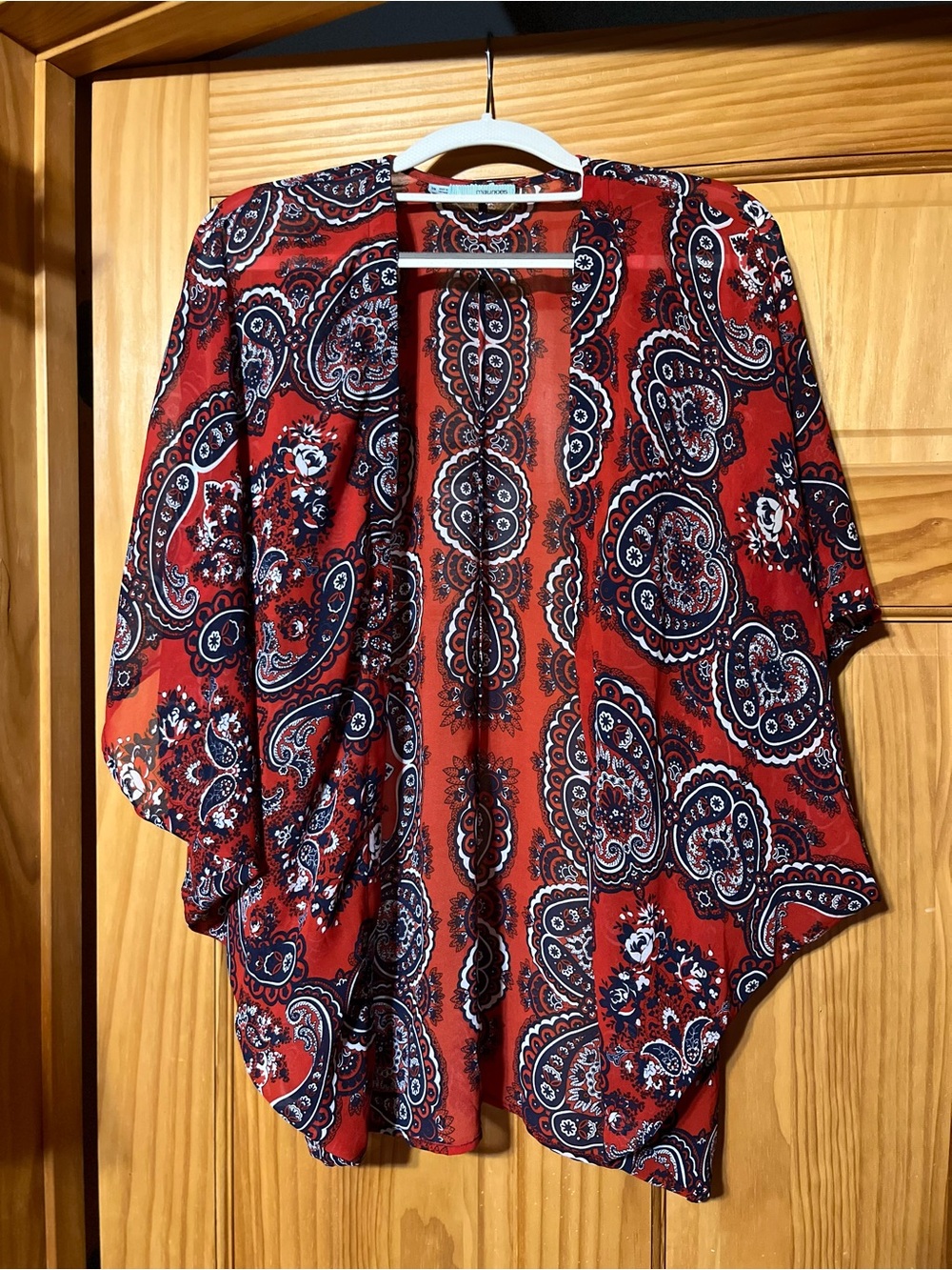 Maurices Red Paisley Open-Front Kimono Cardigan